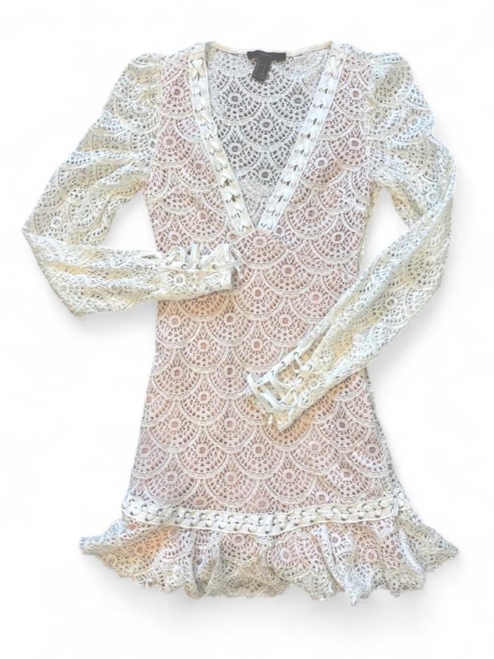 Lace Vneck Dress Long Sleeve Ruffle Hem size S Coquette Fairy Cottage Boho